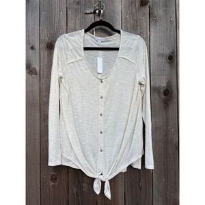 Eyeshadow‎ Women's Button Up Tie Front Long Sleeve Top - Beige, Medium